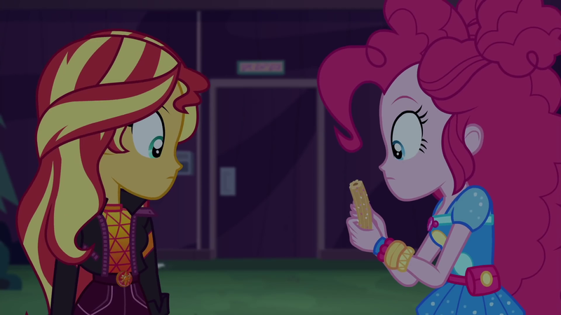 Size: 1920x1080 | Tagged: safe, derpibooru import, screencap, pinkie pie, sunset shimmer, equestria girls, equestria girls series, sunset's backstage pass!, spoiler:eqg series (season 2), churros, food