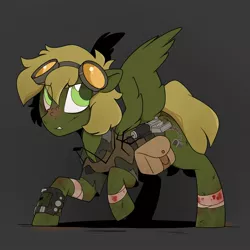 Size: 1800x1800 | Tagged: safe, artist:crimmharmony, derpibooru import, oc, oc:murky, unofficial characters only, pegasus, pony, fallout equestria, fallout equestria: murky number seven, bag, bandage, battle saddle, clothes, dark background, fanfic art, goggles, grappling hook, jacket, male, pipbuck, saddle bag, solo, stallion, wings