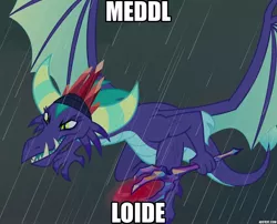 Size: 887x717 | Tagged: bloodstone scepter, caption, cropped, derpibooru import, drachenlord, dragon, dragon lord, edit, edited screencap, gaius (dragon), german, image macro, impact font, meme, metal, rain, safe, screencap, text, the hearth's warming club