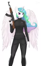 Size: 3141x5000 | Tagged: adidas, ak-47, anthro, artist:shadikbitardik, assault rifle, cheeki breeki, commission, derpibooru import, gun, princess celestia, rifle, safe, solo, weapon