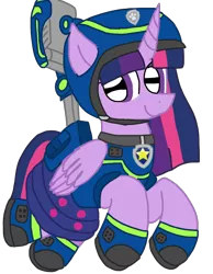 Size: 1080x1391 | Tagged: alicorn, alternate universe, artist:徐詩珮, chase (paw patrol), clothes, crossover, cute, derpibooru import, equestria girls outfit, folded wings, grin, helmet, looking at you, paw patrol, purple eyes, safe, series:sprglitemplight diary, series:sprglitemplight life jacket days, series:springshadowdrops diary, series:springshadowdrops life jacket days, shoes, simple background, smiling, solo, spy, spy chase (paw patrol), transparent background, twiabetes, twilight sparkle, twilight sparkle (alicorn), wings, zip lines