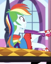 Size: 389x486 | Tagged: safe, derpibooru import, screencap, rainbow dash, eqg summertime shorts, equestria girls, make up shake up, clothes, cropped, dress, fall formal outfits, sleeveless, solo