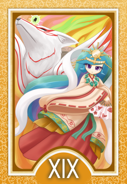 Size: 1200x1728 | Tagged: amaterasu, artist:howxu, clothes, commission, crown, derpibooru import, female, human, humanized, issun, japanese, jewelry, kimono (clothing), looking at you, necklace, okami, princess celestia, regalia, roman numerals, safe, solo, tarot card