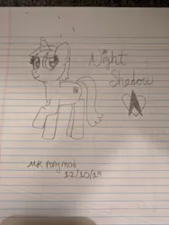 Size: 960x1280 | Tagged: safe, artist:nightshadowmlp, derpibooru import, oc, oc:night shadow, unofficial characters only, unicorn, lined paper, raised hoof, smiling, solo, text, traditional art