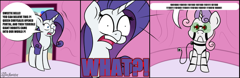 Size: 3584x1164 | Tagged: safe, artist:puperhamster, derpibooru import, rarity, sweetie belle, pony, robot, robot pony, unicorn, binary, binary code, charging, comic, cute, diasweetes, mistranslation, raribetes, shocked, sweetie bot