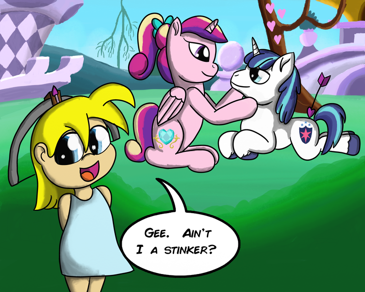 Size: 6000x4800 | Tagged: safe, artist:saburodaimando, derpibooru import, princess cadance, shining armor, oc, oc:wanda young, alicorn, pony, unicorn, alternate universe, arrow, arrow on butt, crossbow, daimando is going to hell, heart arrow, pure unfiltered evil, teen princess cadance, teen shining armor