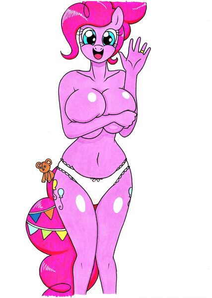 Size: 1920x2701 | Tagged: adorasexy, anthro, artist:killerteddybear94, belly button, big breasts, breasts, busty pinkie pie, chubby, clothes, covering, covering breasts, cute, derpibooru import, diapinkes, female, jewelry, milf, older, older pinkie pie, open mouth, panties, pinkie pie, ring, sexy, smiling, suggestive, teddy bear, the last problem, underwear, waving, wedding ring, white underwear