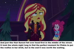 Size: 960x656 | Tagged: semi-grimdark, suggestive, derpibooru import, edit, edited screencap, screencap, pinkie pie, sunset shimmer, equestria girls, equestria girls series, sunset's backstage pass!, spoiler:eqg series (season 2), caption, female, image macro, implied date rape, implied rape, ponestrip, roofie, text