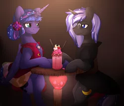 Size: 2000x1700 | Tagged: safe, derpibooru import, princess luna, oc, oc:night shadow, oc:nightshadow, alicorn, unicorn, bar, canon x oc, clothes, couple, date, dress, g4, horn, image, lunadow, milkshake, png, romance, romantic, suit, unicorn oc