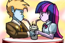 Size: 1024x683 | Tagged: safe, derpibooru import, twilight sparkle, oc, oc:harmony star, equestria girls, clothes, equestria girls-ified, ice cream soda, necktie, sharing a drink, suit