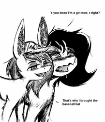 Size: 722x830 | Tagged: suggestive, artist:anonymous, derpibooru import, oc, oc:anonfilly, oc:little league, unofficial characters only, earth pony, pony, /mlp/, 4chan, blushing, drawthread, duo, female, filly, monochrome, sweat, sweatdrop, sweating profusely, text