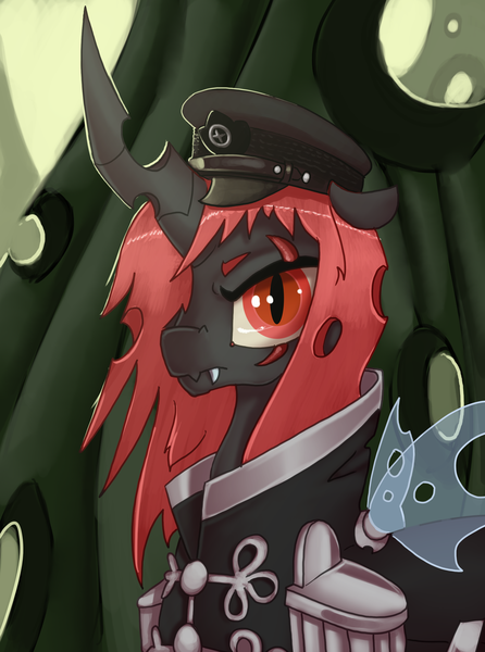 Size: 2140x2878 | Tagged: safe, artist:empressbridle, derpibooru import, changeling queen oc, oc, oc:murchbagh, unofficial characters only, changeling, changeling queen, equestria at war mod, bust, clothes, female, military uniform, portrait, red changeling, solo, uniform