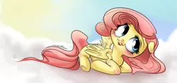 Size: 806x381 | Tagged: safe, artist:dollfins, derpibooru import, fluttershy, pegasus, pony, blushing, cloud, female, mare, on a cloud, prone, signature, solo, underhoof