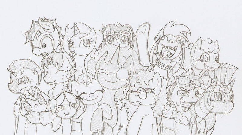 Size: 1099x614 | Tagged: safe, artist:ravenpuff, deleted from derpibooru, derpibooru import, oc, oc:bastion, oc:claudia, oc:dark nebula, oc:jump start, oc:peril peaks, oc:puffy, oc:red velvet, oc:scootabot, oc:skye gazer, oc:star shot, oc:ween, ponified, unofficial characters only, bat pony, pegasus, pony, unicorn, fallout equestria, :o, bat pony oc, bat wings, blush sticker, blushing, broken horn, bust, choker, female, glasses, goggles, group, grumpy, helmet, horn, kirby, male, mare, monochrome, night guard, one eye closed, open mouth, pegasus oc, royal guard, smiling, smirk, spiked choker, stallion, traditional art, unamused, underhoof, unicorn oc, wings, wink