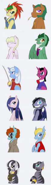 Size: 1025x3662 | Tagged: safe, artist:ravenpuff, deleted from derpibooru, derpibooru import, oc, oc:ice pearl, oc:newbie, unofficial characters only, pegasus, pony, unicorn, zebra, roan rpg, bracelet, braid, bust, choker, clothes, coat, dreadlocks, ear piercing, earring, eyes closed, fangs, female, freckles, glasses, glowing horn, grin, horn, jewelry, magic, male, mare, necklace, necktie, overalls, pegasus oc, piercing, raised hoof, rapier, smiling, smirk, stallion, straw in mouth, suit, sunglasses, sword, telekinesis, trenchcoat, unicorn oc, weapon, wings, wrench, zebra oc