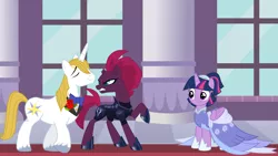 Size: 2064x1161 | Tagged: alicorn, annoyed, armor, arrogant, belligerent sexual tension, berryblood, bowtie, canterlot castle, clothes, coronation dress, derpibooru import, diplomacy, dress, episode idea, fanfic idea, female, fizzlepop berrytwist, friendshipper on deck, friendshipping, glare, insult, insulted, male, my little pony: the movie, prince blueblood, safe, second coronation dress, sexual tension, shipper on deck, shipping, shipping fuel, smug, spoiler:comicff26, straight, tempest shadow, tempest shadow is not amused, the last problem, this will end in pain, this will not end well, twilight sparkle, twilight sparkle (alicorn), uh oh, unamused, we're doomed