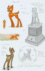 Size: 778x1225 | Tagged: artist:ravenpuff, clothes, costume, deer, deer oc, deer pony, derpibooru import, graph paper, lined paper, oc, oc:hyper hart, original species, power ponies oc, reference sheet, safe, solo, statue, suit, traditional art, unofficial characters only