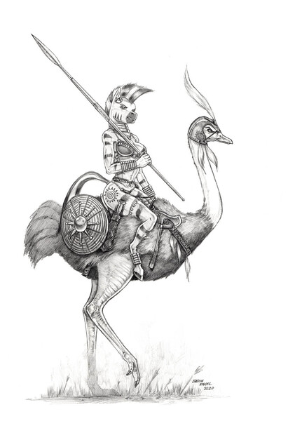 Size: 1000x1461 | Tagged: anthro, artist:baron engel, axe, bird, breasts, busty zecora, derpibooru import, female, jewelry, mare, monochrome, ostrich, pencil drawing, safe, shield, skimpy outfit, staff, traditional art, unguligrade anthro, weapon, zebra, zecora