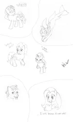 Size: 768x1280 | Tagged: safe, artist:quint-t-w, derpibooru import, fluttershy, pinkie pie, oc, oc:papercut, earth pony, original species, pegasus, pony, sabertooth pony, seapony (g4), unicorn, bedroom eyes, breaking the fourth wall, dialogue, diving goggles, fangs, food, hooves behind head, looking at you, meat, old art, pencil drawing, pointing at you, ponies eating meat, sharp teeth, simple background, sketch, sketch dump, snorkel, swimming, teeth, traditional art, underhoof, white background
