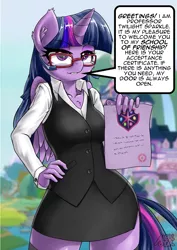 Size: 999x1414 | Tagged: alicorn, anthro, artist:iloota, clothes, cloud, derpibooru import, edit, editor:anonymind, female, glasses, hand on hip, hips, horn, hot for teacher, lip bite, mare, miniskirt, mountain, safe, school daze, school of friendship, side slit, skirt, skirt suit, sky, socks, solo, speech, stockings, suit, talking, thigh highs, twilight sparkle, twilight sparkle (alicorn), vest, waterfall, wings, zettai ryouiki