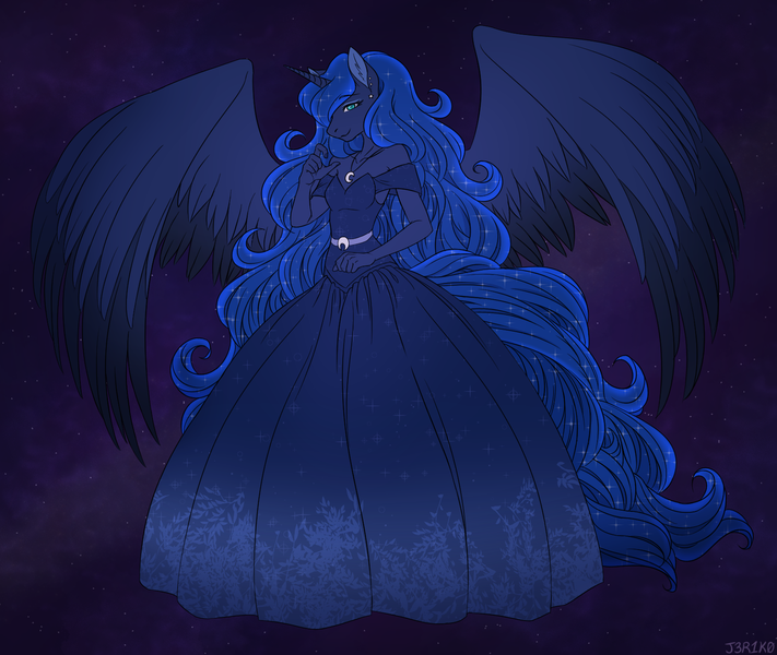 Size: 1600x1350 | Tagged: alicorn, anthro, artist:j3r1k0, clothes, colored wings, derpibooru import, dress, ear piercing, ethereal mane, female, gown, jewelry, long hair, long tail, looking at you, mare, necklace, piercing, princess luna, safe, smiling, solo, space, starry mane, wings