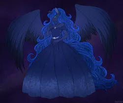 Size: 1600x1350 | Tagged: alicorn, anthro, artist:j3r1k0, clothes, colored wings, derpibooru import, dress, ear piercing, ethereal mane, female, gown, jewelry, long hair, long tail, looking at you, mare, necklace, piercing, princess luna, safe, smiling, solo, space, starry mane, wings