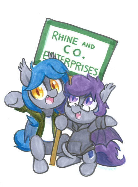 Size: 2145x2910 | Tagged: safe, artist:dawnfire, derpibooru import, oc, oc:dusk rhine, oc:racket rhine, unofficial characters only, bat pony, brother and sister, clothes, cute, cute little fangs, duo, fangs, female, glasses, hoodie, looking at you, male, merchant, open mouth, purple eyes, rule 63, siblings, sign, simple background, smiling, spread wings, traditional art, white background, wings, yellow eyes