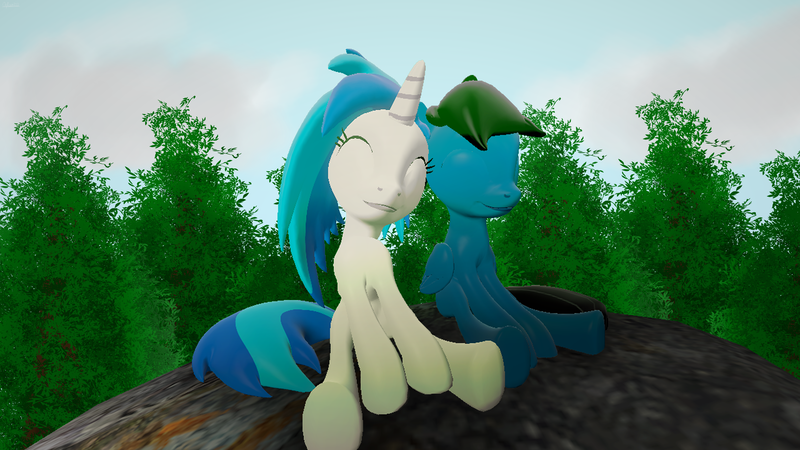 Size: 3840x2160 | Tagged: safe, artist:agkandphotomaker2000, derpibooru import, vinyl scratch, oc, oc:pony video maker, pony, 3d, 3d mixed with drawing, canon x oc, female, forest, male, rock, shipping, sitting, source filmmaker, straight, tree, videoscratch