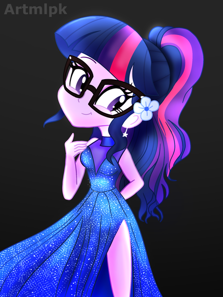 Size: 1800x2400 | Tagged: safe, artist:artmlpk, derpibooru import, sci-twi, twilight sparkle, equestria girls, alternate hairstyle, black background, blue dress, breasts, clothes, cute, dress, ear piercing, earring, fashion, female, flower, flower in hair, glasses, jewelry, legs, looking over shoulder, outfit, party dress, piercing, ponytail, side slit, simple background, smiling, solo, sparkles, thighs, twiabetes