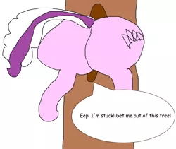 Size: 3444x2912 | Tagged: suggestive, artist:coltfan97, derpibooru import, diamond tiara, earth pony, pony, 1000 hours in ms paint, butt, comic sans, diamond buttiara, female, filly, plot, simple background, solo, speech bubble, stuck, text, the ass was fat, tree, white background