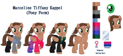 Size: 1024x471 | Tagged: safe, artist:clawort-animations, artist:dreamybae, derpibooru import, ponified, pegasus, pony, base used, bisexual, bisexual pride flag, clothes, female, marcy kappel, mare, pants, ponytail, pride, pride flag, reference sheet, shirt, shoes, simple background, spies in disguise, transparent background