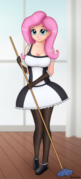 Size: 1155x2543 | Tagged: safe, artist:irisarco, derpibooru import, fluttershy, bat pony, human, big breasts, breasts, busty fluttershy, clothes, curtains, cute, dress, female, flutterbat, gloves, humanized, looking at you, maid, mop, pantyhose, race swap, room, shoes, skirt, smiling, socks, solo, standing, thigh highs, window