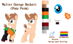Size: 1024x624 | Tagged: safe, artist:clawort-animations, artist:elementbases, derpibooru import, ponified, pony, unicorn, base used, bracelet, clothes, gay pride flag, jewelry, magic, male, pants, pride, pride flag, raised hoof, reference sheet, shirt, shoes, simple background, smiling, spies in disguise, stallion, transparent background, walter beckett