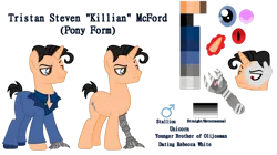 Size: 1024x572 | Tagged: safe, artist:budgie--boye, artist:clawort-animations, derpibooru import, ponified, pony, amputee, base used, killian, pride, pride flag, prosthetic limb, prosthetics, reference sheet, simple background, spies in disguise, straight pride flag, transparent background