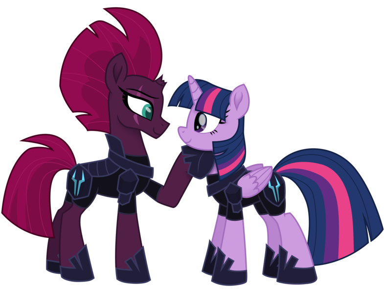 Size: 12560x9574 | Tagged: safe, artist:ejlightning007arts, derpibooru import, tempest shadow, twilight sparkle, twilight sparkle (alicorn), alicorn, pony, unicorn, my little pony: the movie, absurd resolution, armor, broken horn, evil, eye scar, fallen hero, female, fixed image, hoof on chin, hoof shoes, horn, lesbian, mare, raised hoof, scar, shipping, simple background, storm army, tempestlight, transparent background, updated, vector