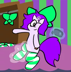 Size: 1233x1248 | Tagged: safe, artist:bigsneks, derpibooru import, oc, oc:mable syrup, unofficial characters only, pony, unicorn, bed, blind, bow, clothes, socks, solo, striped socks, wardrobe