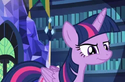 Size: 1244x819 | Tagged: a flurry of emotions, alicorn, cropped, derpibooru import, grin, library, safe, screencap, smiling, smug, smuglight sparkle, solo, twilight's castle, twilight's castle library, twilight sparkle, twilight sparkle (alicorn)