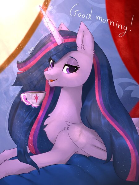 Size: 1536x2048 | Tagged: safe, artist:siripim111, derpibooru import, princess twilight 2.0, twilight sparkle, twilight sparkle (alicorn), alicorn, pony, the last problem, bed, bedroom eyes, chest fluff, crepuscular rays, cup, cute, ear fluff, female, glowing horn, good morning, horn, leg fluff, looking at you, mare, morning ponies, older, older twilight, on bed, open mouth, prone, solo, teacup, twiabetes