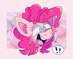 Size: 1024x832 | Tagged: safe, artist:forestpvppy, derpibooru import, pinkie pie, pony, abstract background, beanbrows, blushing, bust, cute, diapinkes, ear fluff, exclamation point, eyebrows, female, happy, head only, mare, neck fluff, open mouth, pictogram, portrait, redraw, smiling, solo, speech bubble