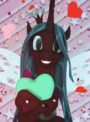 Size: 800x1080 | Tagged: 3d, abstract background, artist:feuerrader-nmm, changeling, changeling queen, cute, cutealis, derpibooru import, female, heart, heart pillow, hug, looking at you, pillow, pillow hug, queen chrysalis, safe, smiling, solo