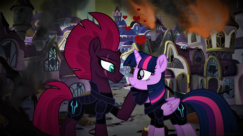 Size: 3840x2160 | Tagged: safe, artist:ejlightning007arts, derpibooru import, tempest shadow, twilight sparkle, twilight sparkle (alicorn), alicorn, unicorn, my little pony: the movie, alternate ending, alternate timeline, armor, broken horn, canterlot, destruction, eye scar, fallen hero, female, fire, floating heart, heart, hoof on chin, horn, lesbian, raised hoof, scar, shipping, storm army, tempestlight, traitor sparkle