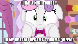 Size: 888x499 | Tagged: caption, derpibooru import, drama queen, edit, edited screencap, faic, floppy ears, for whom the sweetie belle toils, image macro, meme, safe, screamie belle, screaming, screencap, solo, sweetie belle, text