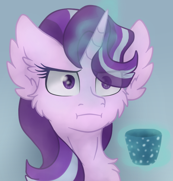 Size: 605x633 | Tagged: safe, artist:brendalobinha, derpibooru import, starlight glimmer, pony, unicorn, :i, blue background, bust, cheek fluff, chest fluff, ear fluff, empathy cocoa, eye clipping through hair, female, fluffy, glowing horn, horn, i mean i see, magic, mare, maximum overfloof, mug, portrait, simple background, solo, telekinesis, wrong eye color