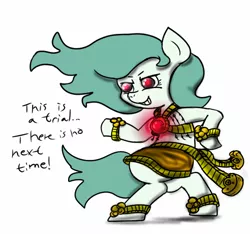 Size: 640x600 | Tagged: safe, artist:ficficponyfic, color edit, derpibooru import, edit, editor:minus, oc, oc:emerald jewel, unofficial characters only, demon, earth pony, pony, amulet, anklet, bracelet, clothes, colored, colt, foal, gem, jewelry, jojo pose, male, possessed, red eyes, simple background, skirt, standing, text, wavy mane, white background