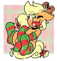 Size: 2903x3107 | Tagged: safe, artist:befishproductions, derpibooru import, applejack, earth pony, apple in mouth, bow, clothes, cute, hair bow, heart eyes, jackabetes, one eye closed, socks, solo, striped socks, thigh highs, wingding eyes, wink