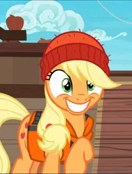 Size: 714x940 | Tagged: safe, derpibooru import, screencap, applejack, earth pony, pony, ppov, beanie, cropped, cute, female, hat, jackabetes, lifejacket, mare, raised hoof, smiling, solo