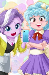 Size: 559x849 | Tagged: safe, artist:uotapo, derpibooru import, edit, cozy glow, diamond tiara, equestria girls, cozybetes, cropped, cute, diamondbetes, duo, equestria girls-ified, iphone, pure concentrated unfiltered evil of the utmost potency, pure unfiltered evil