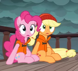 Size: 990x906 | Tagged: safe, derpibooru import, screencap, applejack, pinkie pie, earth pony, pony, ppov, beanie, cropped, duo, female, hat, lifejacket, mare, open mouth, sitting