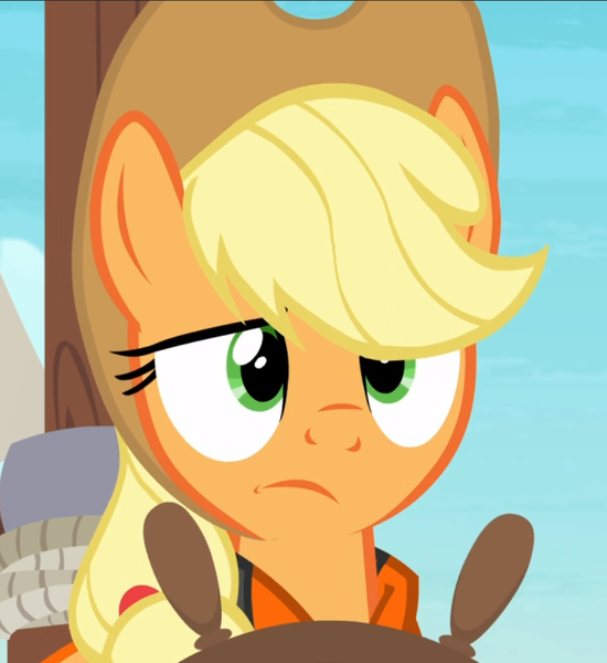 Size: 860x938 | Tagged: safe, derpibooru import, screencap, applejack, earth pony, pony, ppov, applejack is not amused, close-up, cropped, dimple, female, green eyes, lifejacket, solo, unamused