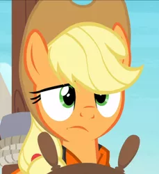 Size: 860x938 | Tagged: safe, derpibooru import, screencap, applejack, earth pony, pony, ppov, applejack is not amused, close-up, cropped, dimple, female, green eyes, lifejacket, solo, unamused